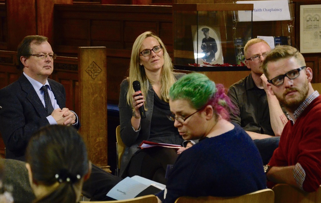 Discussion in the chapel during the ‘Nothingness’ panel on Wednesday afternoon. Speakers from left to right: Professor Rob Faesen: ‘Nothingness in Ruusbroec and others’; Dr Kate Kirkpatrick: ‘Nothingness and (No)-self in Simone Weil and Keiji Nishitani’: Michael T Miller: ‘The Emptiness of Selfhood: the doctrine of self-annihilation and unio mystica in the Medieval Kabbalah’. Photographer: Pol Hermann