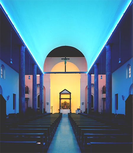 Dan Flavin, Untitled 1977. Permanent installation of blue, red, yellow and ultraviolet florescent lights. Santa Maria in Chiesa Rossa, Milan. Courtesy: Fondazione Prada, Milano. Photo: Paola Bobba 