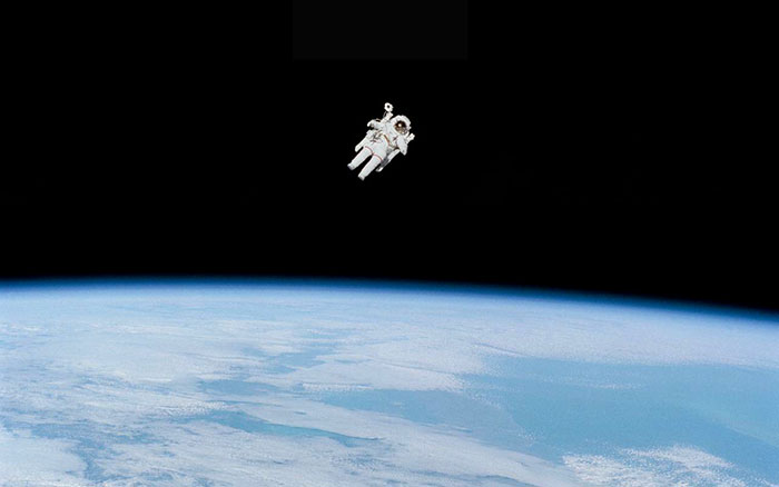Astronaut Bruce McCandless photographed during the first of his two space shuttle missions