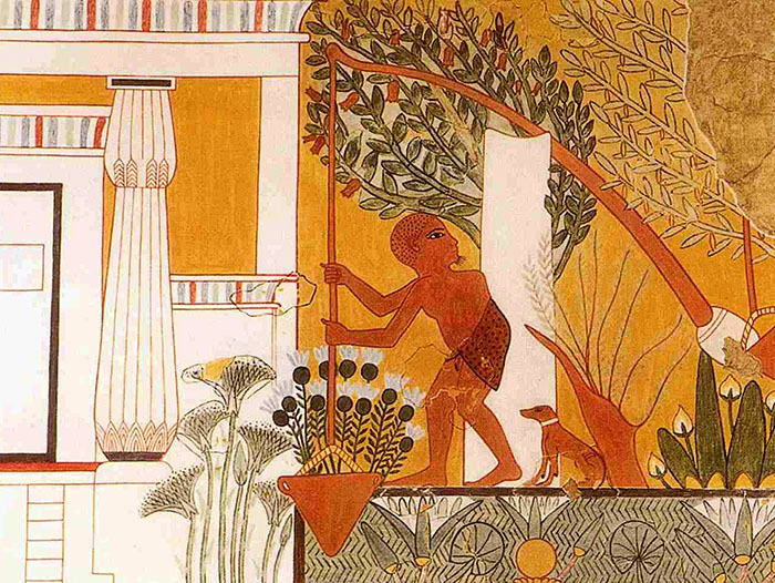 Egyptian gardener using a shaduf. Tomb of Ipuy at Deir-el-Medina, west bank of Thebes