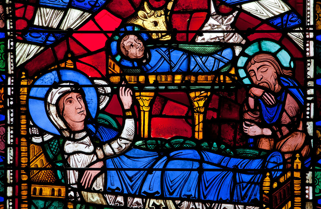The Nativity. Window on the west wall of Chartres Cathedral