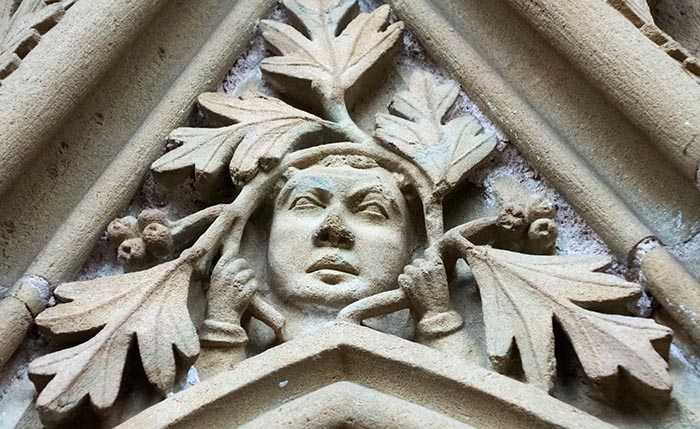 Green man carving in the Chapter House of Southwell Minster in the UK