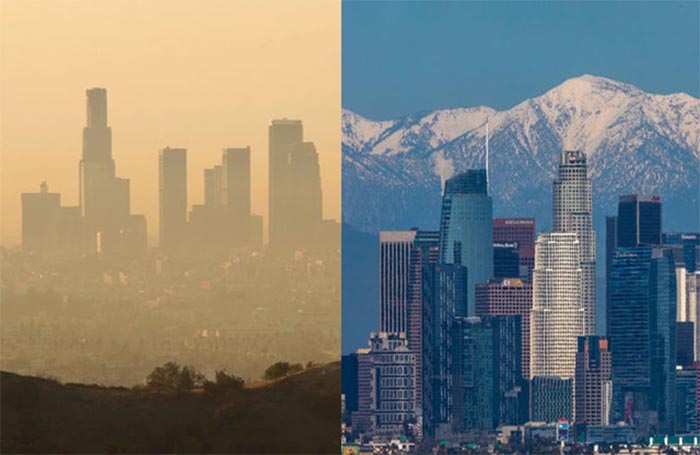 Los Angeles, 2020. Two views showing the difference in pollution levels before the Covid-19 lock-down and on 14 April