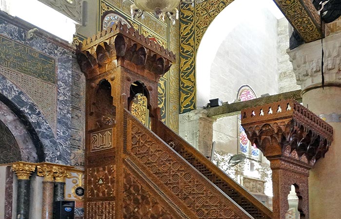 The recreated Minbar in the Al-Aqsa Mosque; the third holiest site in Islam and is located in the Old City of Jerusalem. The minbar ('pulpit') of the mosque was built by a craftsman named Akhtarini from Aleppo on the orders of the Zengid Sultan Nur ad-Din