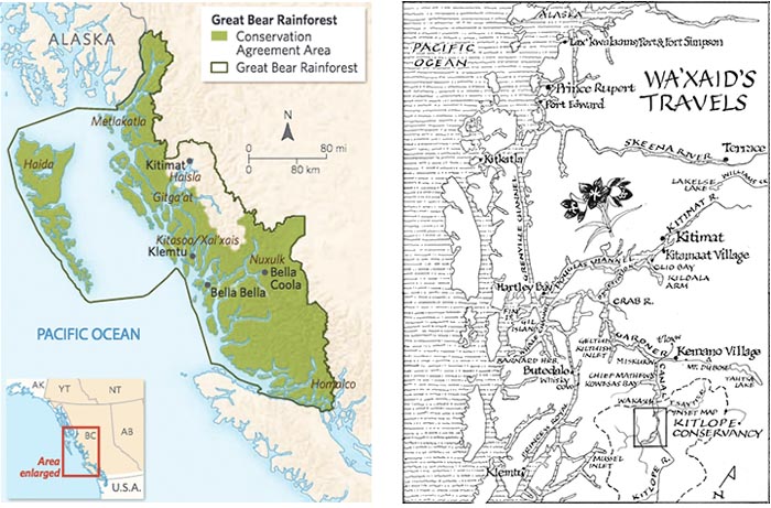 Map of the Great Bear Rainforest and map of Cecil’s travels