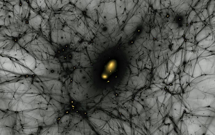 Dark Matter:  a still image from a simulation of the formation of dark matter structures