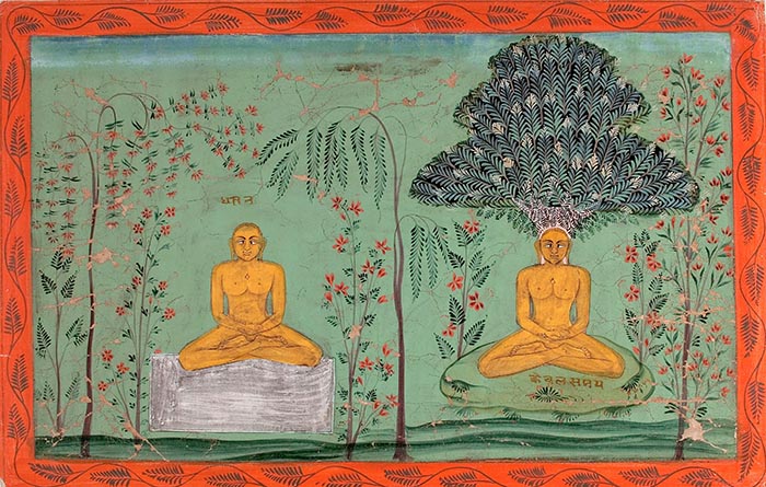 Rishabhanatha seated in two stages of meditation. Opaque watercolor and gold on paper, ca. 1680