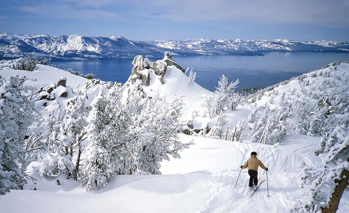 Lake Tahoe, skier in fresh snow