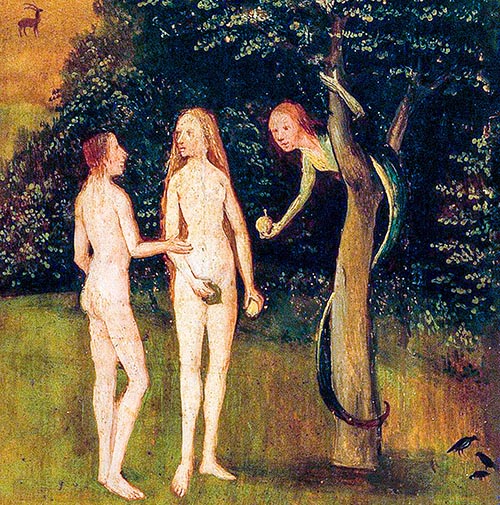 Hieronymus Bosch, The Hay Wagon (Prado), left panel, Detail, Adam and Eve, tempted with an apple, the serpent, painting, circa 1516
