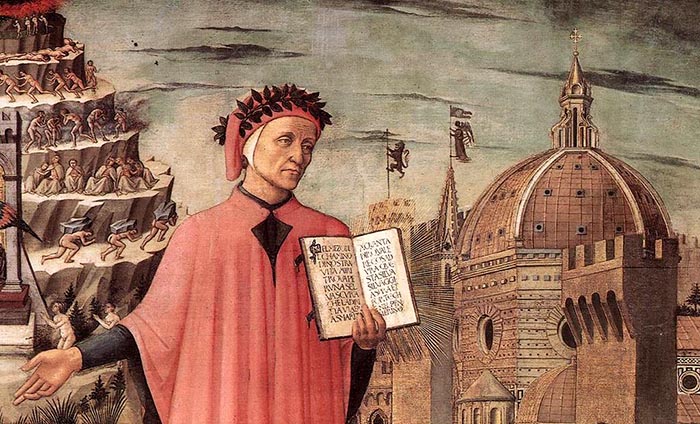 Dante Alighieri depicted between Mount Purgatory and Florence