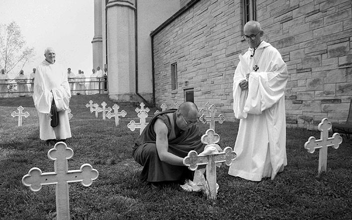 Dalai Lama at Merton’s grave at Gethsemani Abbey