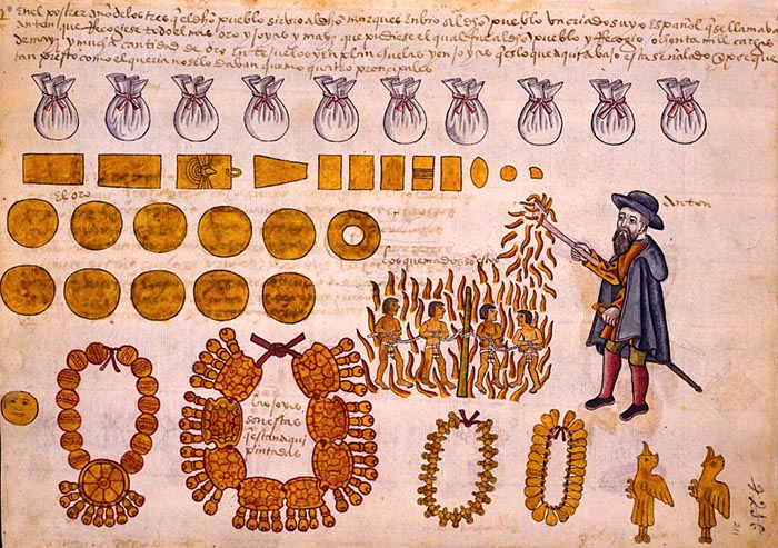 Gold as Tribute. A page from Codex Tepetlaoztoc (1554) showing the collection of gold tribute by Spanish colonial authorities in New Spain (Mexico)