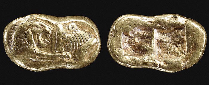 Gold coin from Sardis (Central Turkey) c. 560-547 BC at the time of King Croesus, King of Lydia