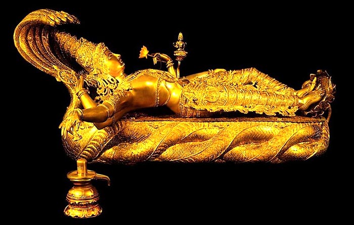 An idol of Lord Vishnu, consisting of 32 kg of pure gold, found in a secret vault in the Padmanabhaswamy Temple in Kerala in 2023