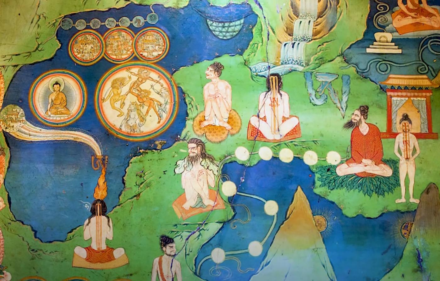 Details from an extraordinary series of 17th century murals in the Lukhang Temple in Lhasa,Tibet, depicting Dzogchen practices