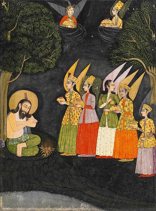 Sultan Ibrahim Ibn Adham of Balkh, considered to be a saint in the Islamic tradition, visited by angels delivering gifts. Mid-18th-century
