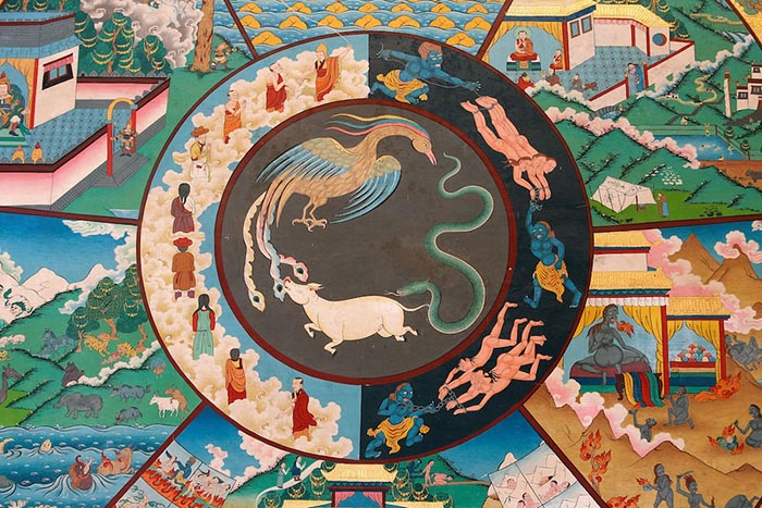 The Wheel of Samsara: a visual teaching aid depicting core Buddhist teachings showing that human nature consists of a positive and negative side. In the Kopan Monastery, Nepal
