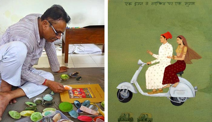 Left: Ajay Sharma in his studio in Jaipur. Right: Jethro Buck, Mughal on a Vespa 
